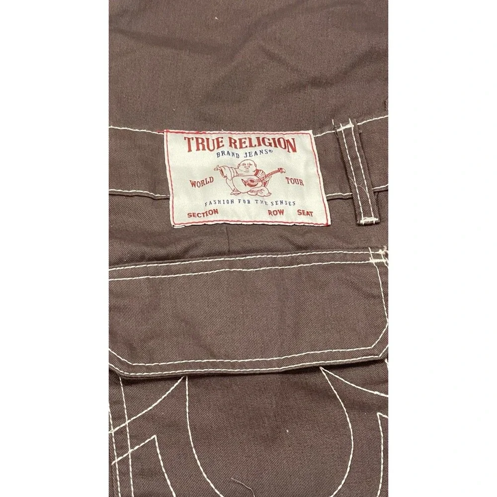 True Religion Cargo Shorts Brown Cotton Canvas Contrast Stitching Utility Men 38